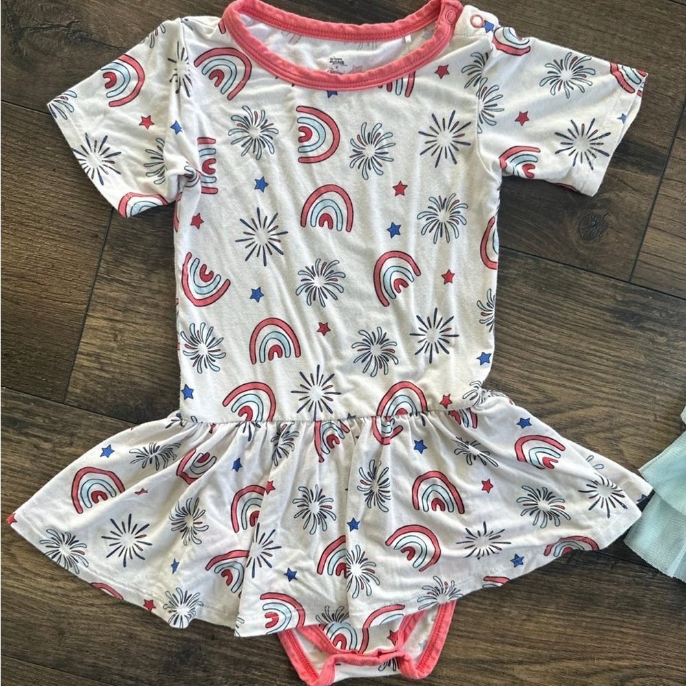Girls White Rainbow & Firework Skirted Bodysuit Dress - Coral Trim